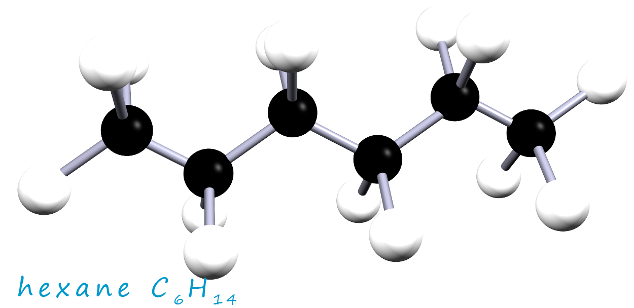 A 3d model of showing the structure of hexane.